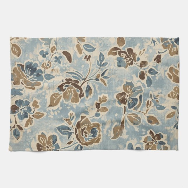 Paño De Cocina Azul Marrón Beige Floral Rústico (Horizontal)