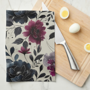 Paño De Cocina Azul Medianoche Borgoña Tinta Floral Almendra Beig