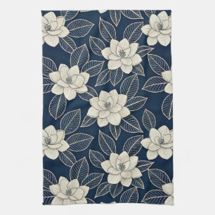 Paño De Cocina Azul Medianoche Magnolia Moderna Floral Marfil