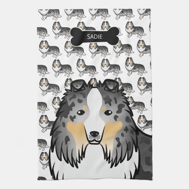 Paño De Cocina Azul Merle Personalizado Sheltie Con Hueso Y Nombr (Vertical)