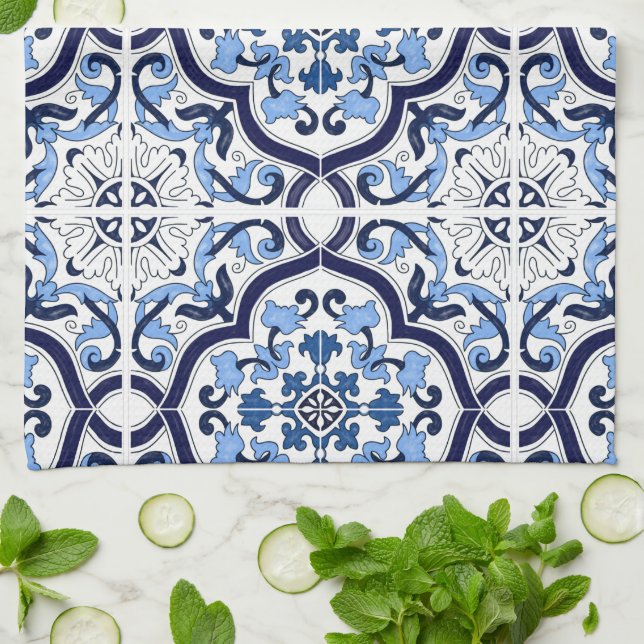 Paño De Cocina  Azul Ornate Floral Mediterráneo Siciliano Tile Sh (Doblado)