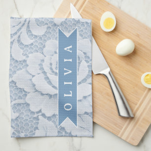 Paño De Cocina Azul Personalizado de Encaje Floral Elegante Román