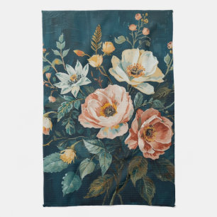 Paño De Cocina Azul Teal Oscuro Naranja Floral Vintage Cottagecor