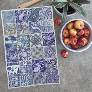 Paño De Cocina Azul Tile Blanco Antiguo Vintage Patrón moderno