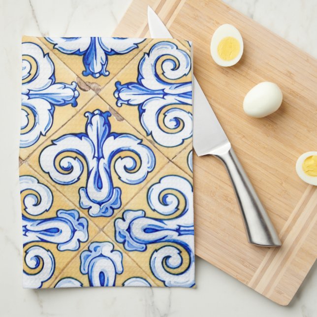 Paño De Cocina Azulejo azul, amarillo y blanco (Doblado Cuarto)