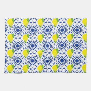 Paño De Cocina Azulejo de limón geométrico azul