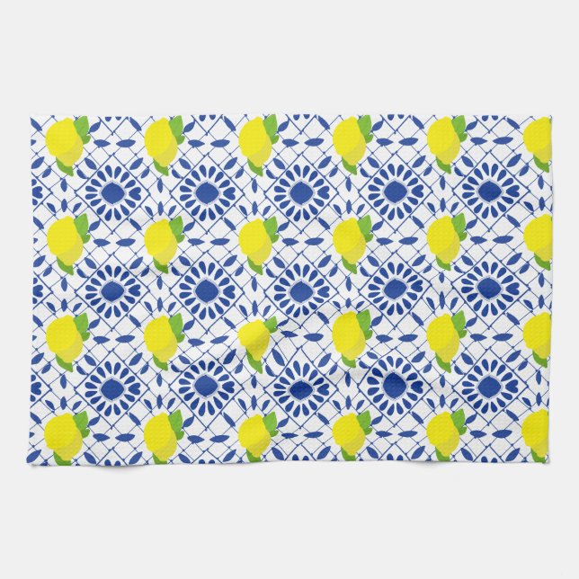 Paño De Cocina Azulejo de limón geométrico azul (Horizontal)