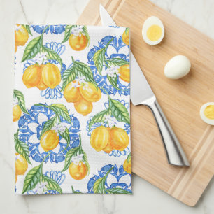 Paño De Cocina Azulejo de Mayólica Azul y Limones Acuarelados