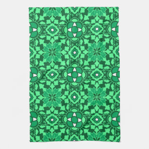 Paño De Cocina Azulejo floral marroquí, verde jade claro y oscuro