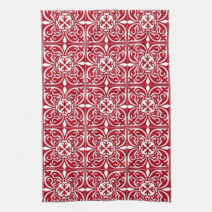 Paño De Cocina Azulejo marroquí - rojo oscuro y blanco