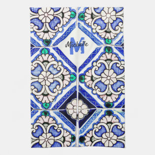 Paño De Cocina Azulejo Patrón Español Mosaicos Naval Monograma Bl