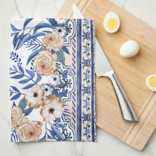 Paño De Cocina Azulejos azules Floral Mediterráneo 