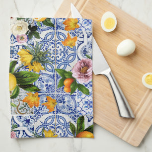 Paño De Cocina Azulejos azules Floral Mediterráneo 