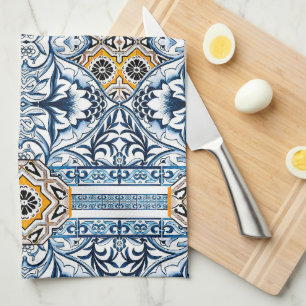 Paño De Cocina Azulejos azules Floral Mediterráneo
