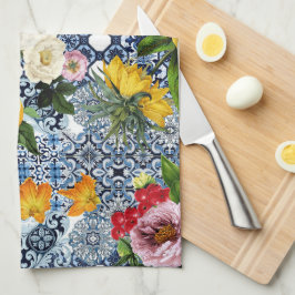Paño De Cocina Azulejos azules Floral Mediterráneo