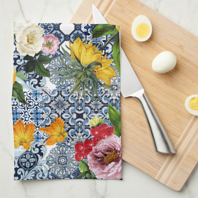 Paño De Cocina Azulejos azules Floral Mediterráneo (Doblado Cuarto)