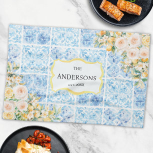 Paño De Cocina Azulejos Azules Mediterráneos Flor Limón Nombre de