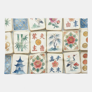 Paño De Cocina Azulejos de Chinoiserie Mahjong Flores Acuarela Pá