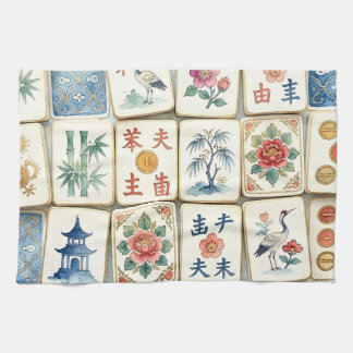 Paño De Cocina Azulejos de Chinoiserie Mahjong Flores Acuarela Pá