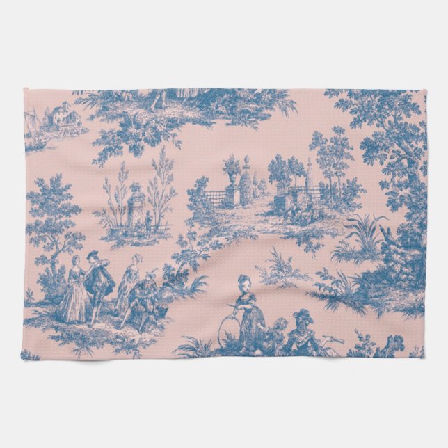 Paño De Cocina Azulejos de jouy azul y rosa elegante (Horizontal)
