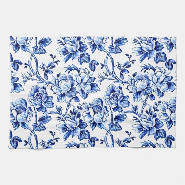 Paño De Cocina Azulejos de Magnolias azules y blancas de Jouy (Horizontal)