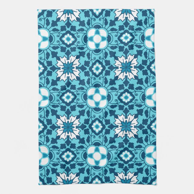 Paño De Cocina Azulejos marroquíes florales, índigo, azul cielo y (Vertical)