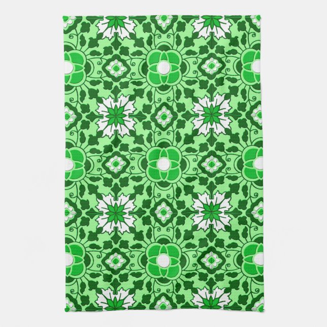 Paño De Cocina Azulejos marroquíes florales, verde esmeralda y ca (Vertical)