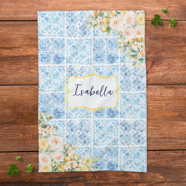 Paño De Cocina Azulejos Mediterráneos Azules con Flor de Limón Mo