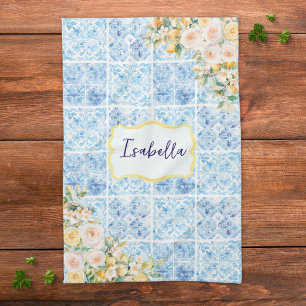 Paño De Cocina Azulejos Mediterráneos Azules con Flor de Limón Mo