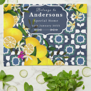 Paño De Cocina Azulejos Mediterráneos de Limón Azul Marino Blanco