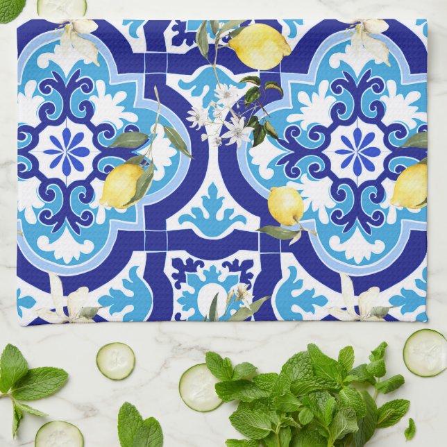 Paño De Cocina azulejos mediterráneos, mosaicos, limón, (Doblado)