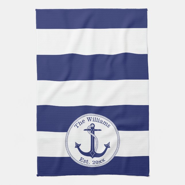 Paño De Cocina Azules marinos náuticos y blanco rayados (Vertical)