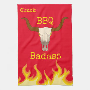 Paño De Cocina Badass de barbacoa de cráneo de vaca flamantemente