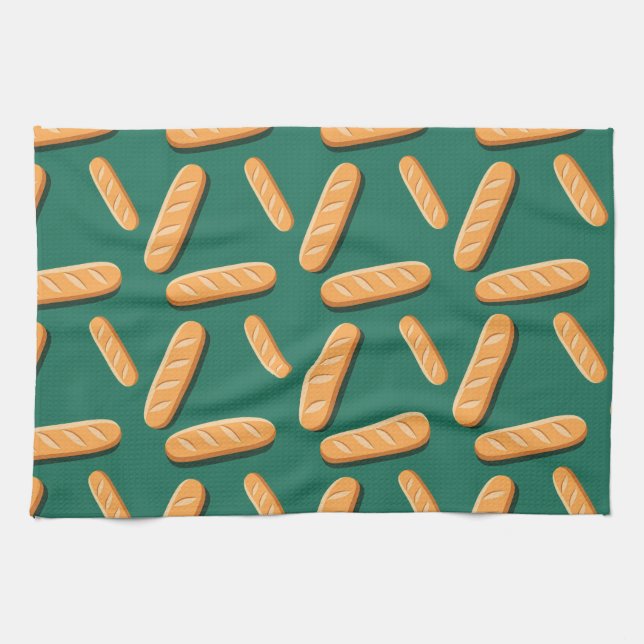 Paño De Cocina Baguette bread pattern on a green background (Horizontal)