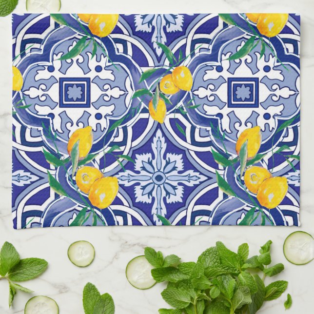 Paño De Cocina Baldosas azules,azulejos mediterráneos,majolica    (Doblado)