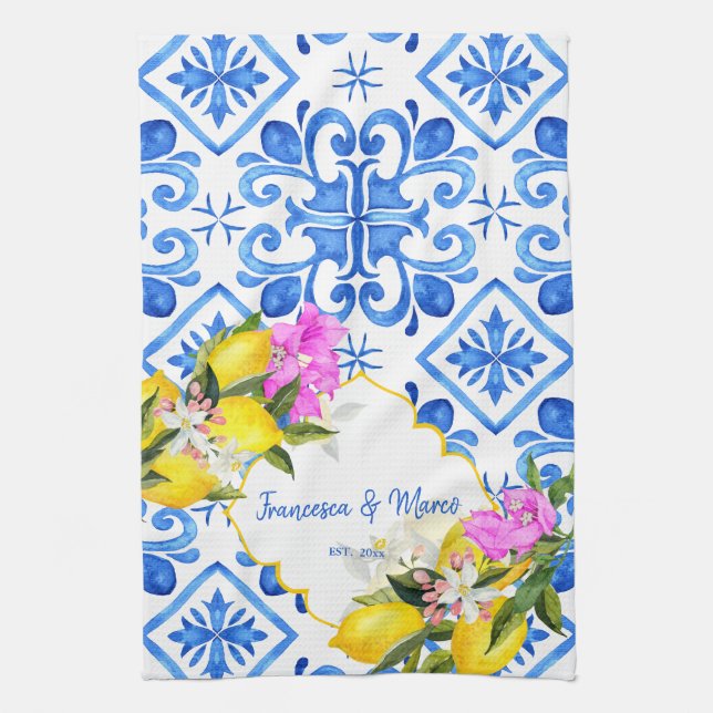 Paño De Cocina Baldosas azules limón Bougainvillea regalo de boda (Vertical)
