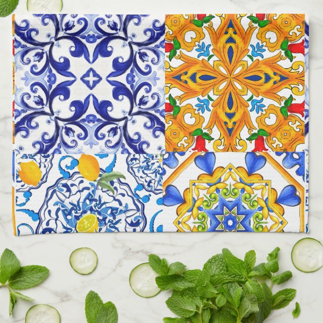Paño De Cocina Baldosas azules, sicilianas, mayólicas, arte de mo (Doblado)