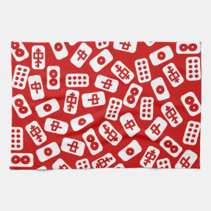 Paño De Cocina Baldosas de Mahjong blancas en rojo