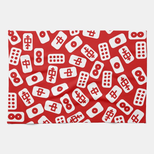 Paño De Cocina Baldosas de Mahjong blancas en rojo (Horizontal)