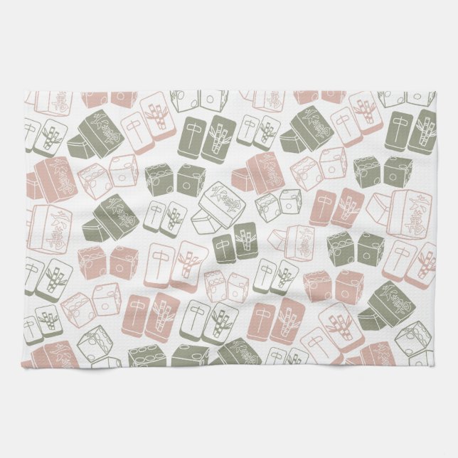 Paño De Cocina Baldosas de Mahjong y dados rosados y verdes (Horizontal)