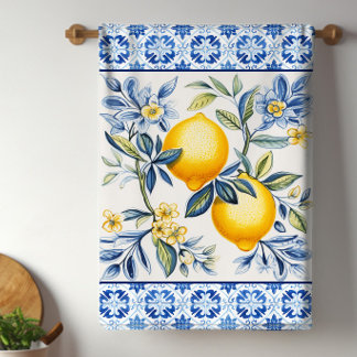 Paño De Cocina Baldosas Mediterráneas Azules Con Limones