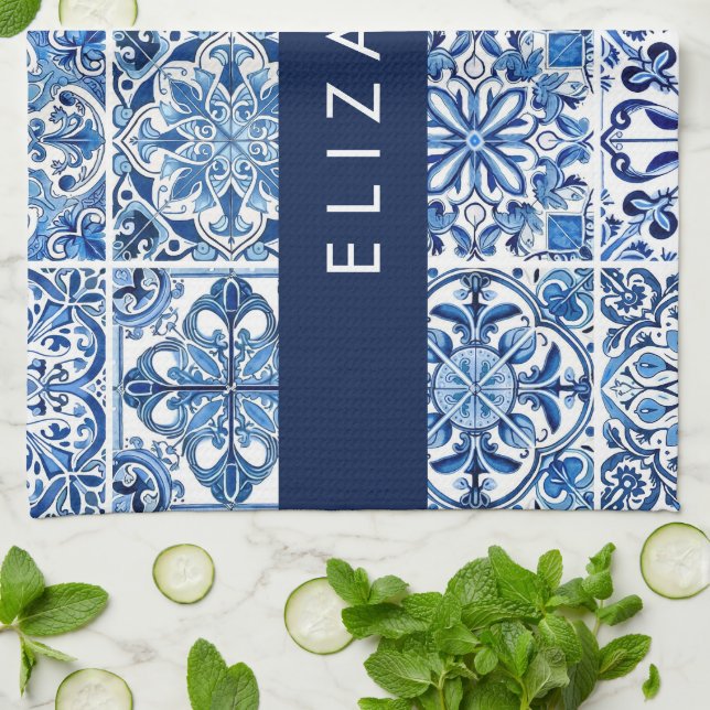 Paño De Cocina Baldosas mediterráneas, portuguesas, azulejo, tu n (Doblado)