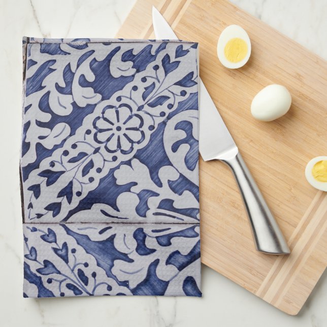 Paño De Cocina Baldosas portuguesas - Azulejo Floral azul y blanc (Doblado Cuarto)