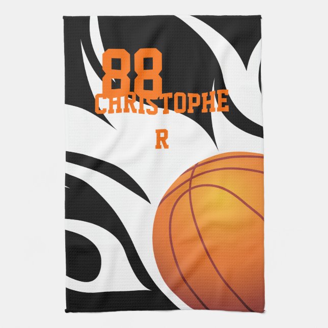 Paño De Cocina Baloncesto llameante personalizado blanco y negro (Vertical)