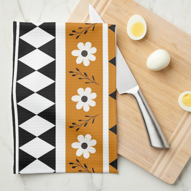 Paño De Cocina Banda negra marrón Tropical Floral Botánica (Doblado Cuarto)