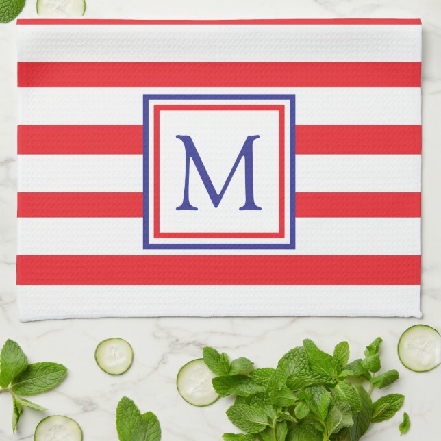 Paño De Cocina Banda roja y blanca con monograma azul marino (Doblado)