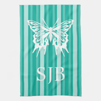 Paño De Cocina Banda victoriana Aqua con monograma de mariposa