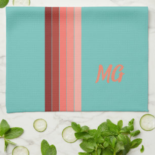Paño De Cocina Bandas blancas rosadas rojas monogramadas