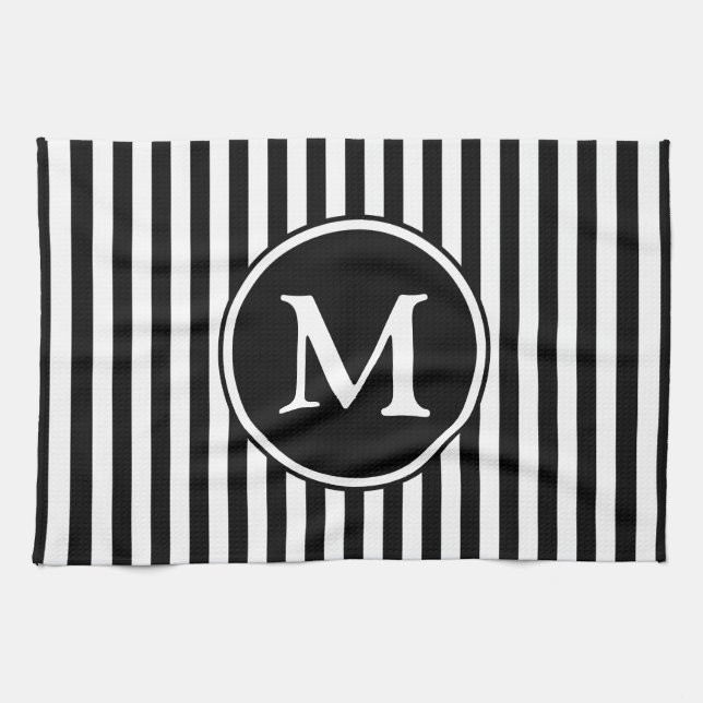 Paño De Cocina Bandas Modernas De Monograma Negro Y Blanco (Horizontal)