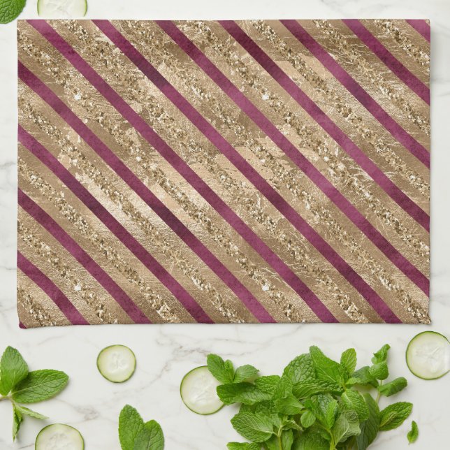 Paño De Cocina Bandas Purpurinas de oro de Borgoña (Doblado)